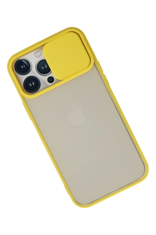 iPhone 13 Pro Max Palm Buzlu Kamera Sürgülü Silikon Kılıf - Sarı 3