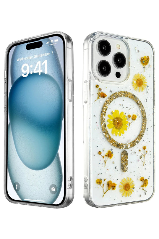 iPhone 14 Pro Max Daisy Simli Magsafe Kapak Kılıf - Gold