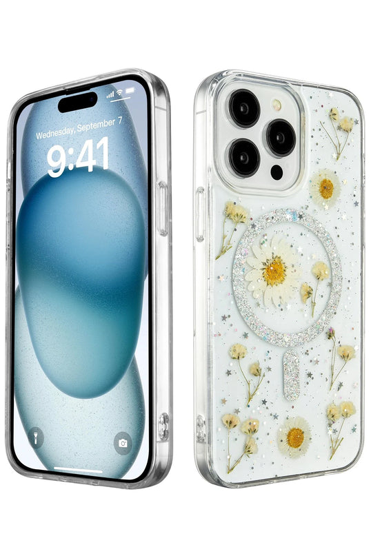 iPhone 14 Pro Max Daisy Simli Magsafe Kapak Kılıf - Gümüş