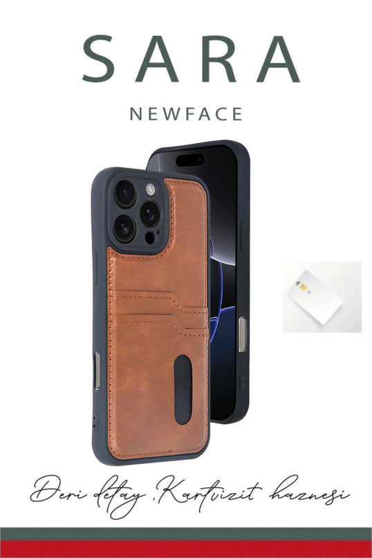 iPhone 16 Pro Max Sara Kartvizitli Deri Kılıf - Taba 3