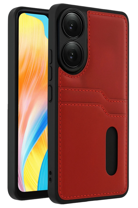 Oppo A38 Sara Kartvizitli Deri Kılıf - Kırmızı