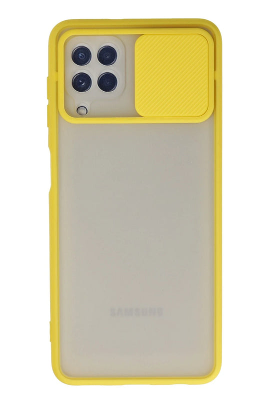 Samsung Galaxy A22 Palm Buzlu Kamera Sürgülü Silikon Kılıf - Sarı