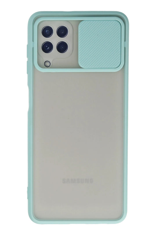 Samsung Galaxy A22 Palm Buzlu Kamera Sürgülü Silikon Kılıf - Turkuaz