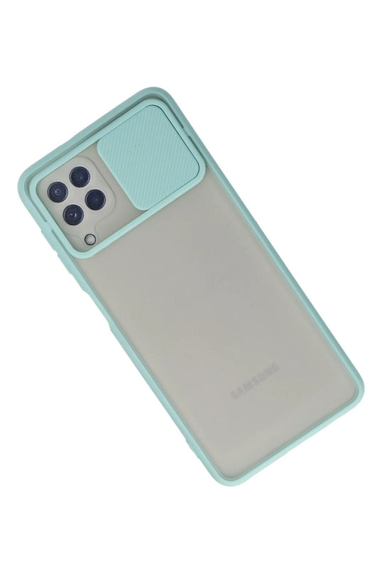 Samsung Galaxy A22 Palm Buzlu Kamera Sürgülü Silikon Kılıf - Turkuaz 3