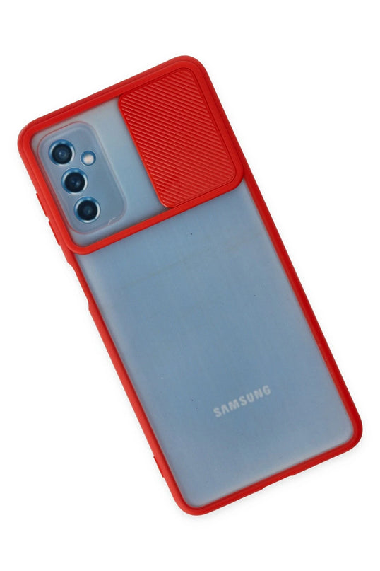 Samsung Galaxy M52 5G Palm Buzlu Kamera Sürgülü Silikon Kılıf - Kırmızı 3