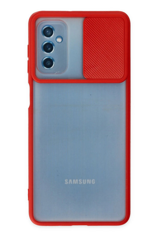 Samsung Galaxy M52 5G Palm Buzlu Kamera Sürgülü Silikon Kılıf - Kırmızı