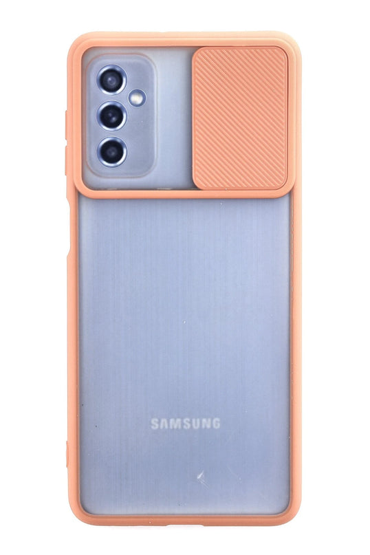 Samsung Galaxy M52 5G Palm Buzlu Kamera Sürgülü Silikon Kılıf - Pembe