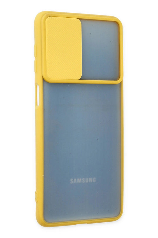 Samsung Galaxy M52 5G Palm Buzlu Kamera Sürgülü Silikon Kılıf - Sarı 2