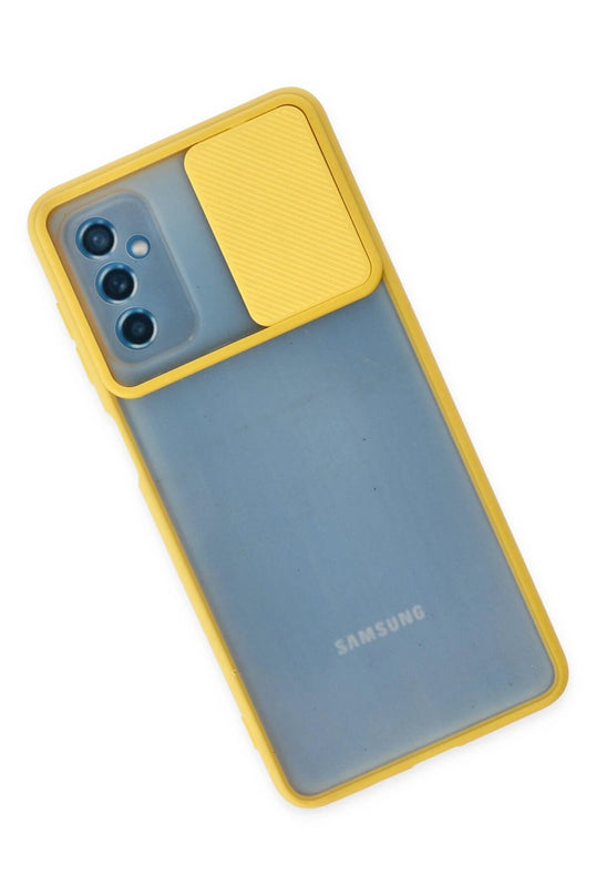 Samsung Galaxy M52 5G Palm Buzlu Kamera Sürgülü Silikon Kılıf - Sarı 3
