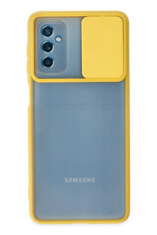 Samsung Galaxy M52 5G Palm Buzlu Kamera Sürgülü Silikon Kılıf - Sarı
