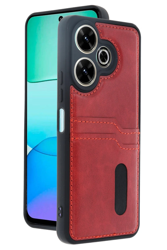 Xiaomi Redmi 13 4G Sara Kartvizitli Deri Kılıf - Kırmızı