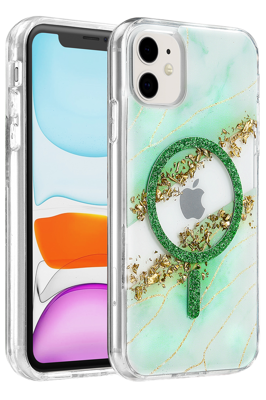 iPhone 11 Lotus Simli Magsafe Kapak Kılıf - Yeşil