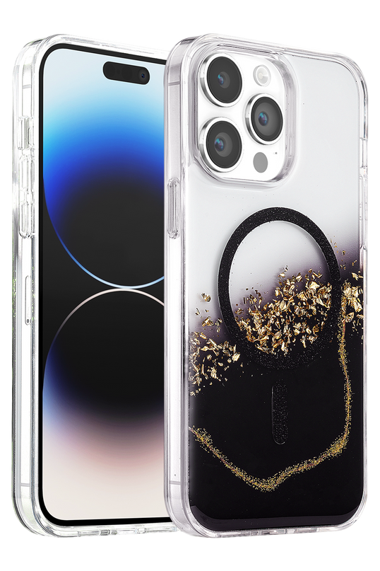 iPhone 14 Pro Max Lotus Simli Magsafe Kapak Kılıf - Siyah