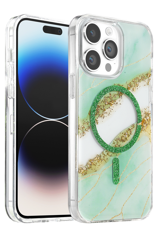 iPhone 14 Pro Max Lotus Simli Magsafe Kapak Kılıf - Yeşil