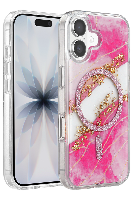 iPhone 16 Lotus Simli Magsafe Kapak Kılıf - Pembe