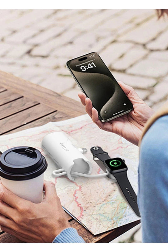 PD46 5.000 mAh 20W Dahili Type-C Çıkışlı Ekstra Dahili 2.5W Saat Şarj Kablolu PD Hızlı Şarj Mini Powerbank - Beyaz 3