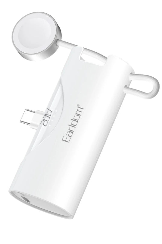 PD46 5.000 mAh 20W Dahili Type-C Çıkışlı Ekstra Dahili 2.5W Saat Şarj Kablolu PD Hızlı Şarj Mini Powerbank - Beyaz