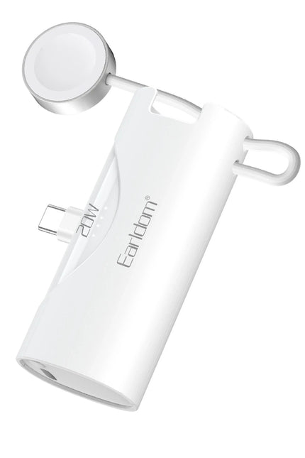 PD46 5.000 mAh 20W Dahili Type-C Çıkışlı Ekstra Dahili 2.5W Saat Şarj Kablolu PD Hızlı Şarj Mini Powerbank - Beyaz