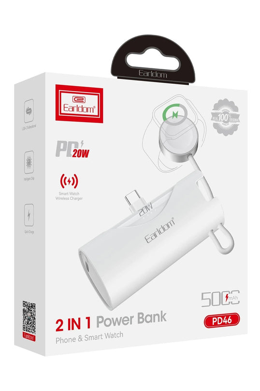 PD46 5.000 mAh 20W Dahili Type-C Çıkışlı Ekstra Dahili 2.5W Saat Şarj Kablolu PD Hızlı Şarj Mini Powerbank - Siyah 5