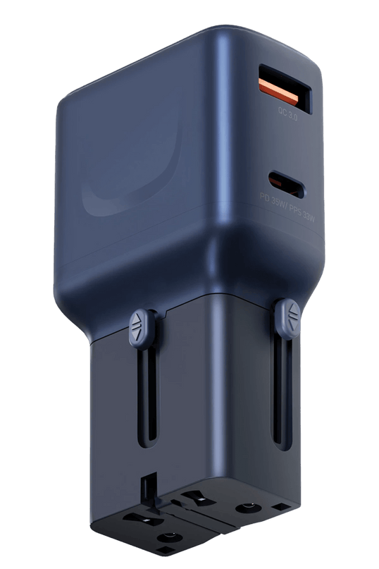 TravelGo Adapter 35W 1 Adet Type-C 35W ve 1 Adet 18W USB Çıkışlı PD Hızlı Şarj Aleti- Mavi