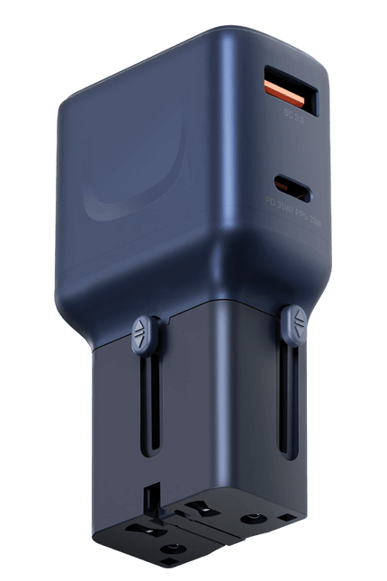 TravelGo Adapter 35W 1 Adet Type-C 35W ve 1 Adet 18W USB Çıkışlı PD Hızlı Şarj Aleti- Mavi