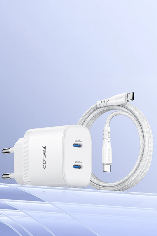 YC109 45W Çift Type-C Çıkışlı ve 1M Type-C to Type-C Kablolu PD Şarj Cihazı 4