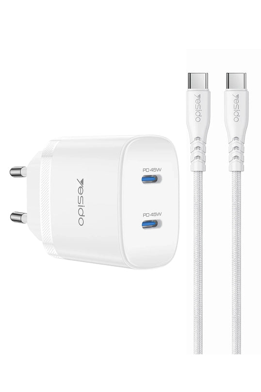 YC109 45W Çift Type-C Çıkışlı ve 1M Type-C to Type-C Kablolu PD Şarj Cihazı