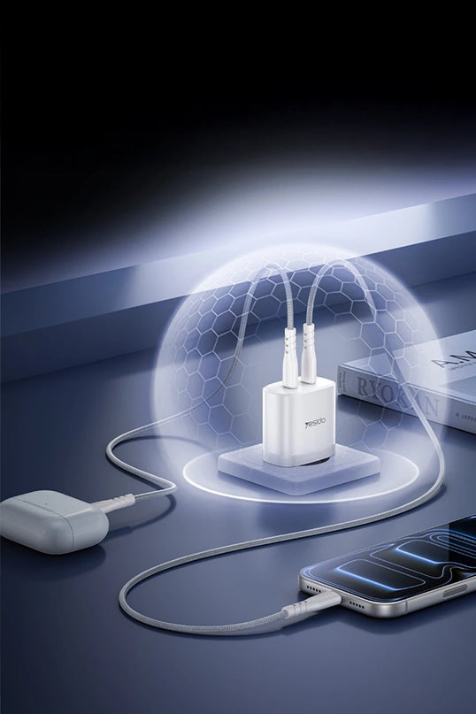 YC109 45W Çift Type-C Çıkışlı ve 1M Type-C to Type-C Kablolu PD Şarj Cihazı 5