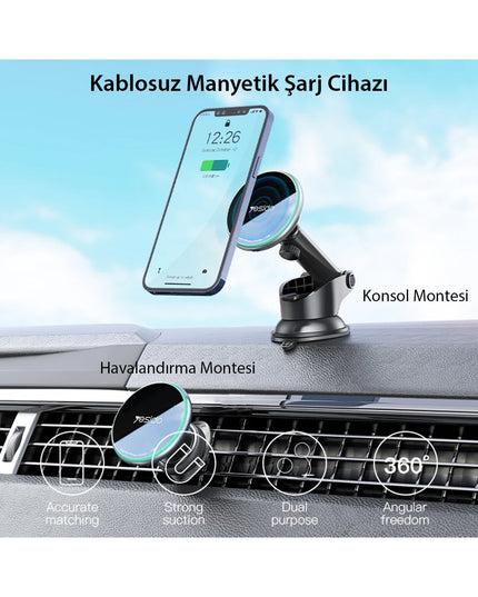 C132 15W Kablosuz Şarjlı Mıknatıslı Vantuzlu Ayarlanabilir Magsafe Araç Tutucu 5
