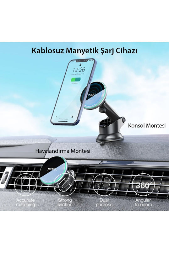 C132 15W Kablosuz Şarjlı Mıknatıslı Vantuzlu Ayarlanabilir Magsafe Araç Tutucu 5