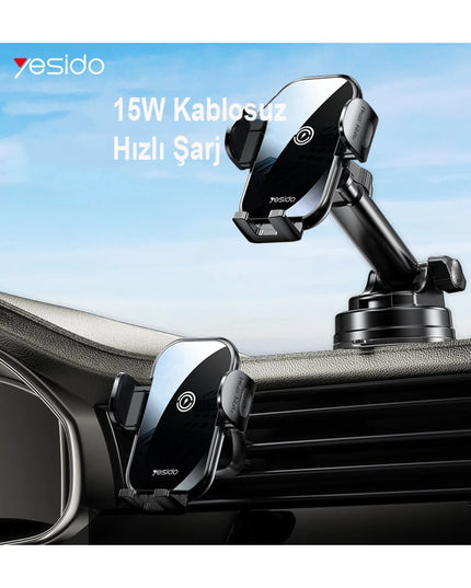 C197 2in1 Izgara Klipsli ve Yapışkanlı 360 Derece Ayarlanabilir Cam Yüzeyli 15W Kablosuz Şarjlı Araç Tutucu 2