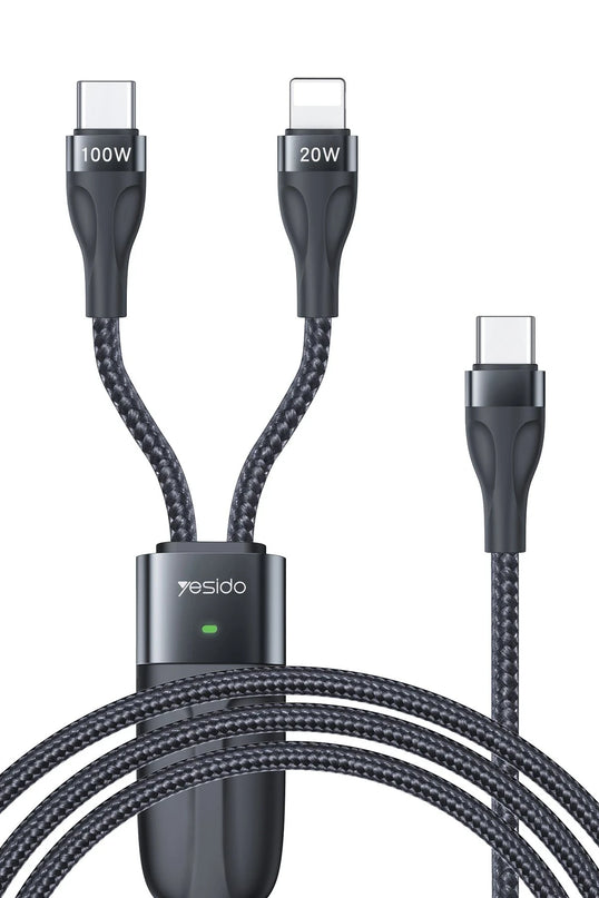 CA87 1.4M Type-C to 100W Type-C ve 20W Lightning Çift Çıkışlı 2in1 PD Hızlı Şarj Kablosu 3