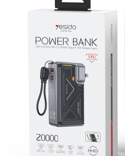 MH103 20.000 mAh 22.5W PD Hızlı Şarj ve 15W Kablosuz Şarj Destekli Priz Uçlu Powerbank 8