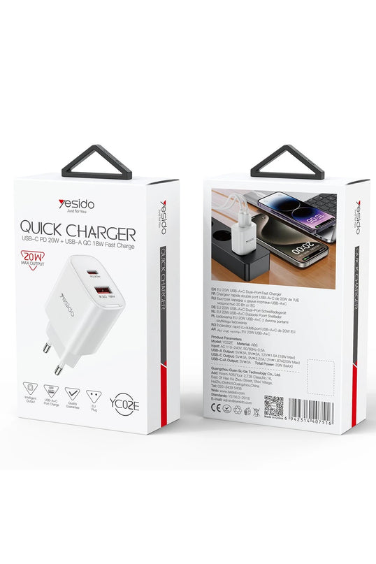 YC02E 20W Type-C ve 18W QC 3.0 USB Çıkışlı PD Hızlı Şarj Cihazı 2