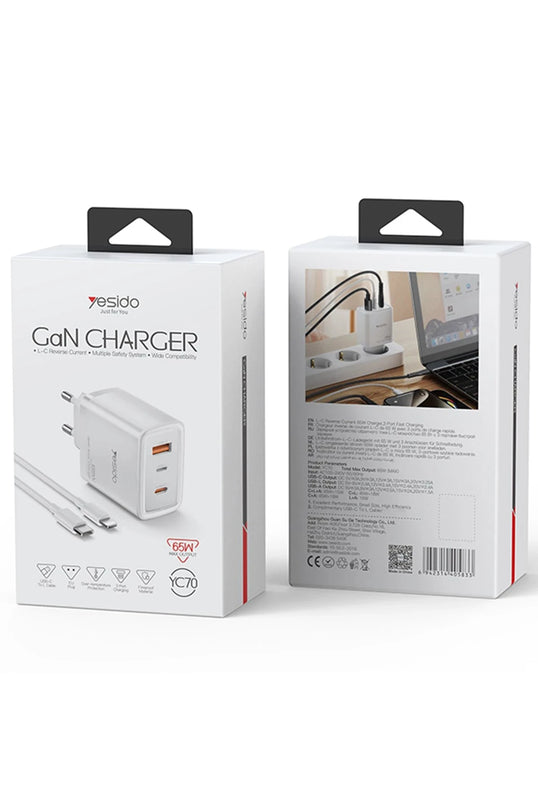 YC70 1 Adet 65W Type-C / 1 Adet 30W USB ve 1 Adet 45W Lightning Çıkışlı Ekstra 2M Type-C to Ligtning Kablolu GAN Hızlı Şarj Cihazı 5