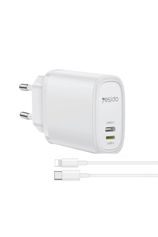 YC71 1 Adet 12W Type-C ve 1 Adet 12W Lightning Çıkışlı Ekstra 1M Type-C to Ligtning Kablolu PD Hızlı Şarj Cihazı 2