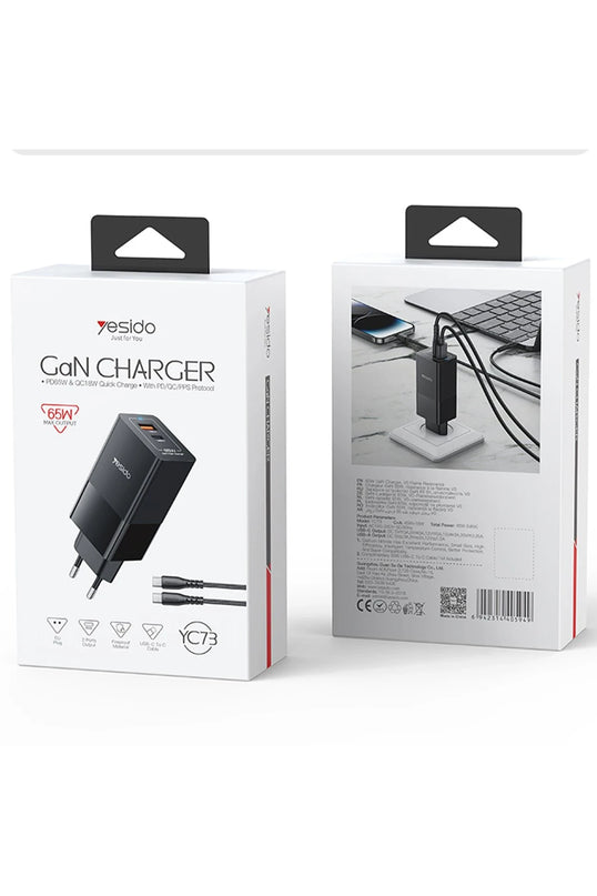 YC73 1 Adet 65W Type-C / 1 Adet 18W USB Çıkışlı Ekstra 1M Type-C to Type-C Kablolu GAN Hızlı Şarj Cihazı 5
